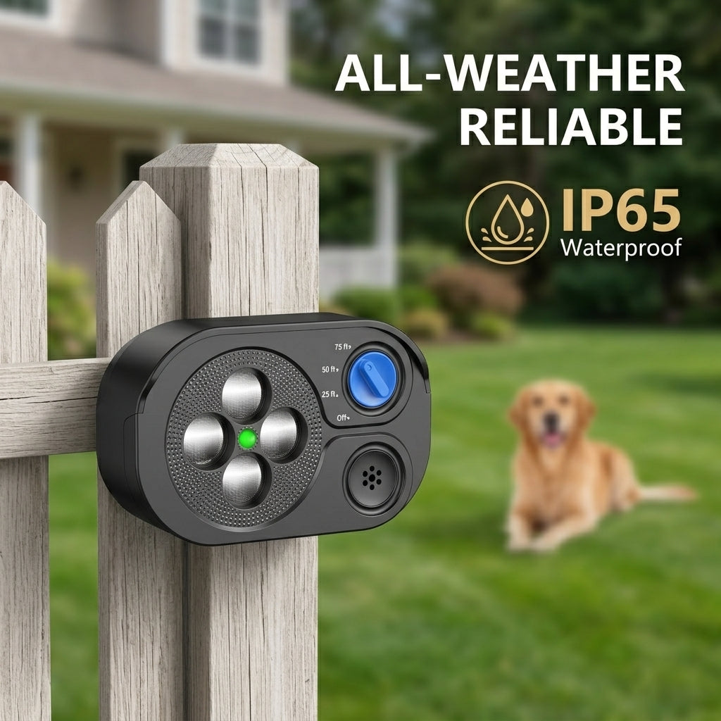 IP65 waterproof ultrasonic dog barking control device mounted on a wooden fence outdoors