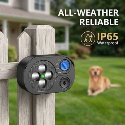 IP65 waterproof ultrasonic dog barking control device mounted on a wooden fence outdoors