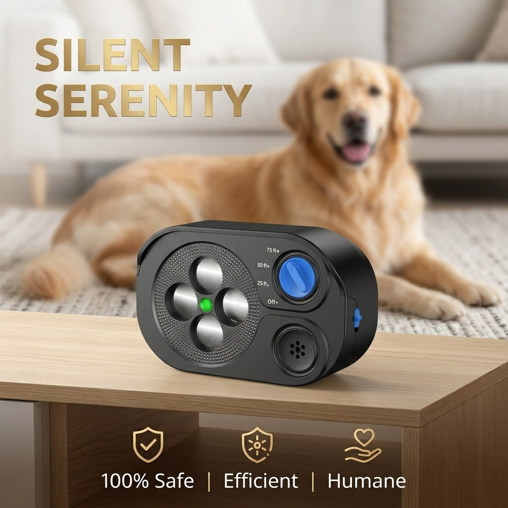Ultrasonic dog barking control device on a table with a calm golden retriever in the background