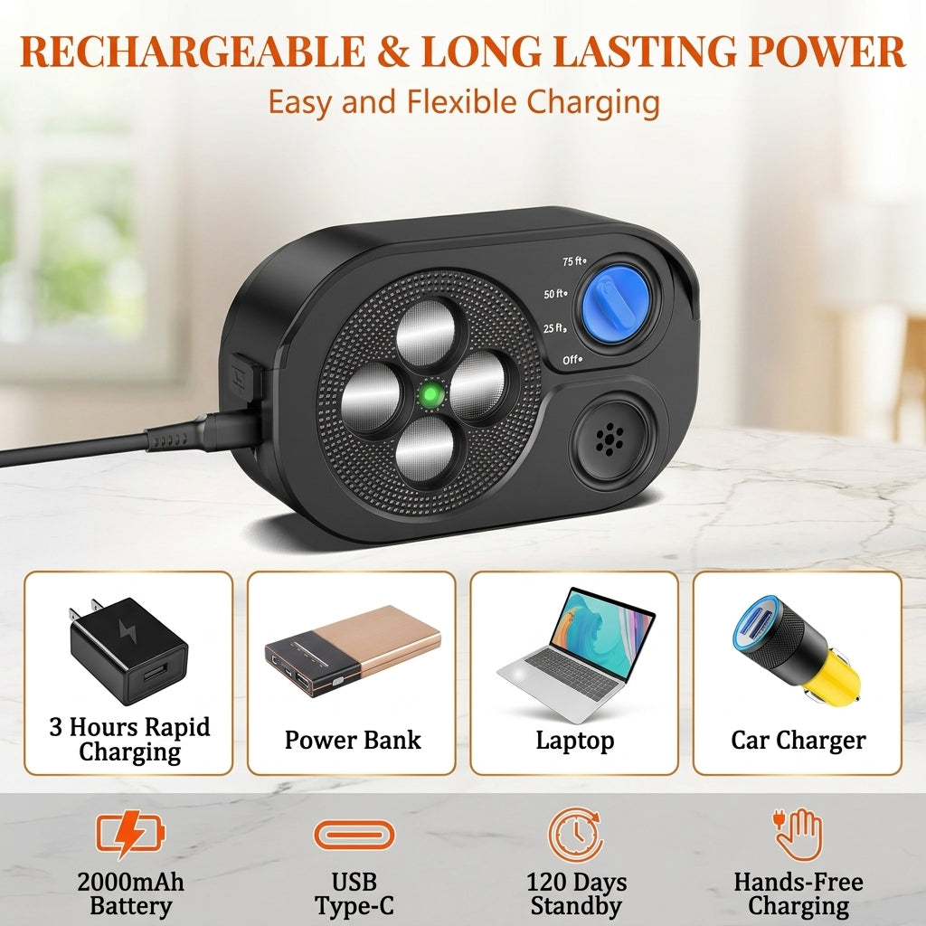 Rechargeable ultrasonic dog barking control device with USB Type-C fast charging capabilities