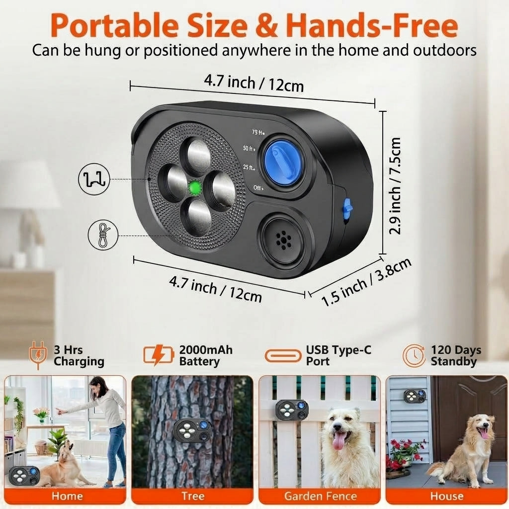 Portable ultrasonic dog barking control device showing product dimensions and various placement options indoors and outdoors