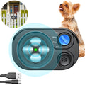 Black ultrasonic dog training device with 25, 50, and 75 foot settings, indoor outdoor placement, and USB charging cables