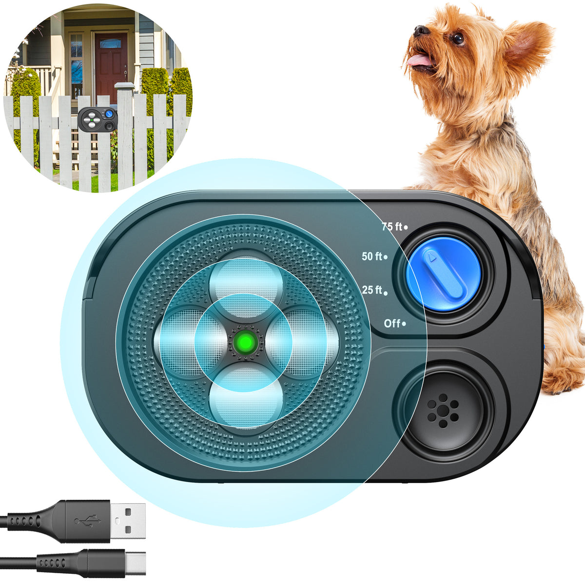 Black ultrasonic dog training device with 25, 50, and 75 foot settings, indoor outdoor placement, and USB charging cables